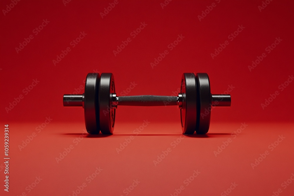 Black Dumbbell on Red Background - Fitness and Strength Training Black Dumbbell on Red Background - Fitness and Strength Training