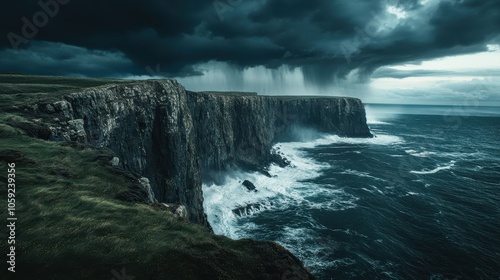 Dramatic Stormy Seascape with Cliffs and Raining Clouds.