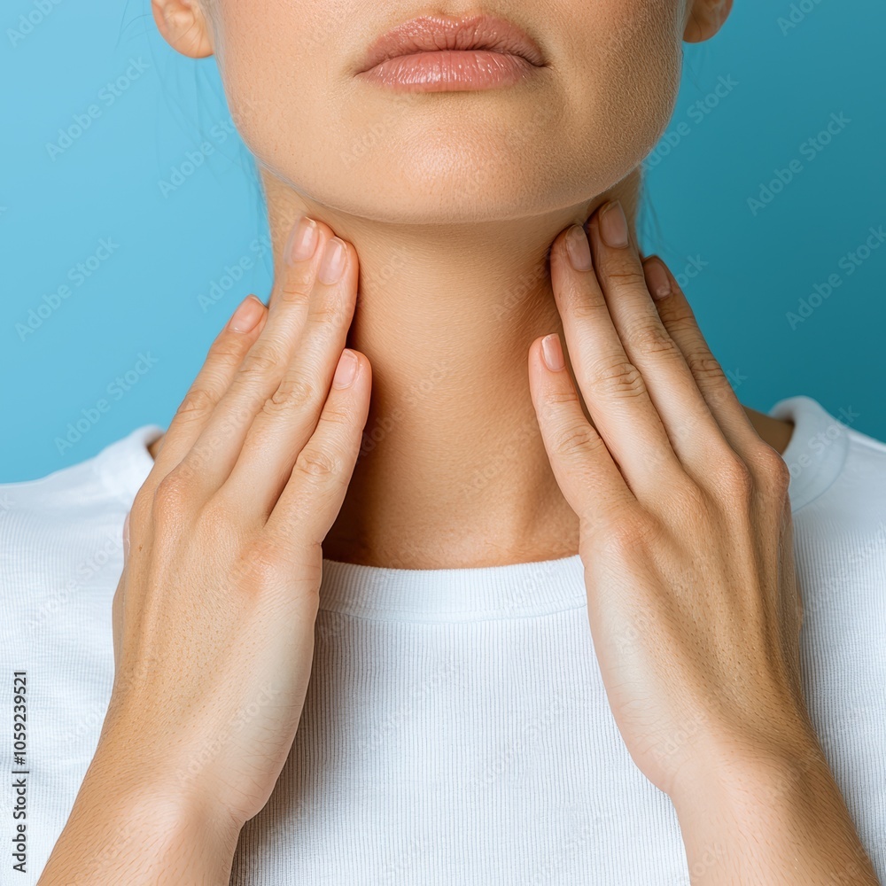 Close-up of a person touching their neck, emphasizing smooth skin and wellness, set against a blue background. Close-up of a person touching their neck, emphasizing smooth skin and wellness, set against a blue background.