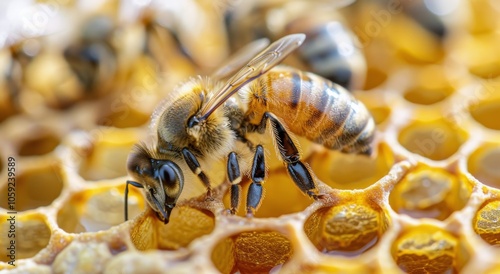 Closeup of Honey Bee Working on Honeycomb