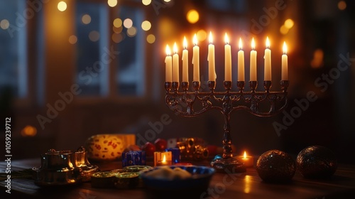 Golden Menorah with Lit Candles for Hanukkah Celebration - Festive Atmosphere with Traditional Decorations photo