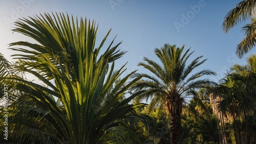 Sunlight filters through lush palm trees in a tropical paradise, showcasing nature's beauty under a clear blue sky. Generative AI