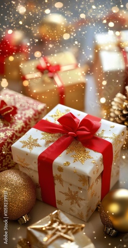 Festive holiday gifts arranged on a cheerful, sparkling background with ornam...
