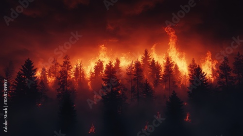 Fiery Forest Fire at Night - Smoke and Flames Erupting Amid Silhouetted Trees.