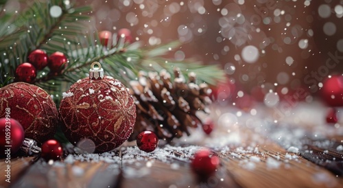 Red Ornaments With Snow And Pine