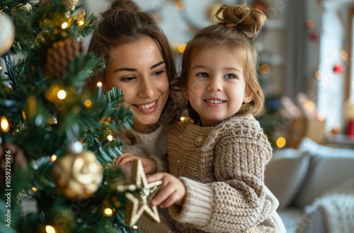 Mother And Daughter Decorating Christmas Tree