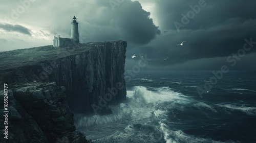 Dramatic Seascape with Lighthouse on Clifftop During a Stormy Day.