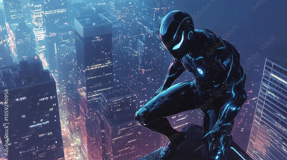 Futuristic Cyborg in Black Suit Standing on Rooftop with City Skyline in the Background.