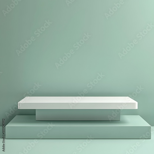  A 3D podium white rectangular table is balanced on the edge of an angled green platform, in a minimalist style, with a solid color background, studio lighting, soft light, delicate texture, high satu