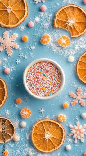 Colorful arrangement of dried oranges and candies on a blue background with p...