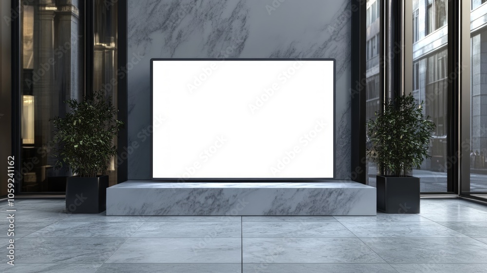 A blank billboard on a marble platform in a modern lobby with plants on either side. A blank billboard on a marble platform in a modern lobby with plants on either side.