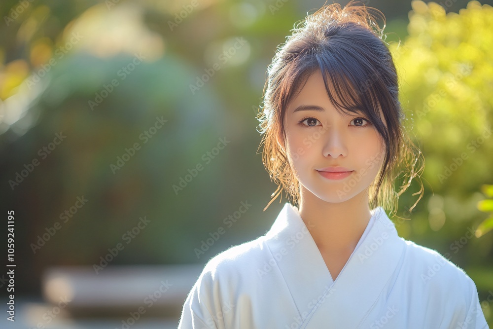 A young Japanese woman with a serene expression, in a Zen garden, wearing a simple white robe, soft natural light 1 A young Japanese woman with a serene expression, in a Zen garden, wearing a simple white robe, soft natural light 1