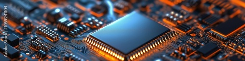 A top view of intricate modern technological computer AI,chipset in the middle,web banner photo