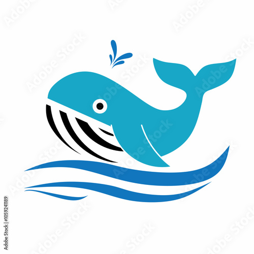 stylized silhouette of a blue whale with a cheerful expression, jumping over the waves. This whale has water splashes on its head and black and white details on its mouth. whale logo icon vector