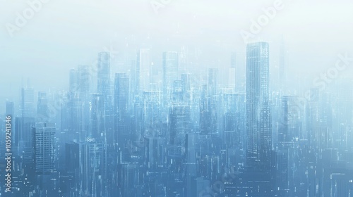 A blurred cityscape with tall buildings in the distance on a hazy day, creating a sense of mystery and intrigue.