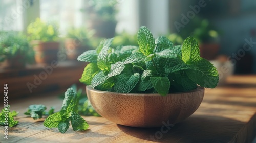 Fresh mint leaves in a wooden bowl on a kitchen table with potted plants in t...