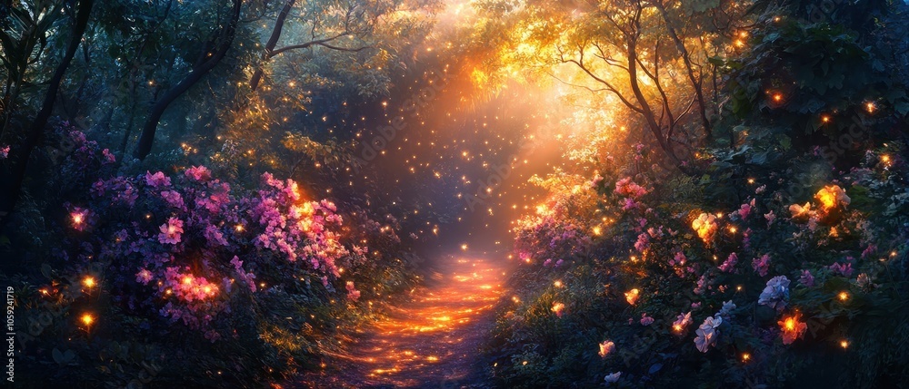 Naklejka premium Magical Forest Path with Glowing Fireflies and Blooming Flowers at Dusk