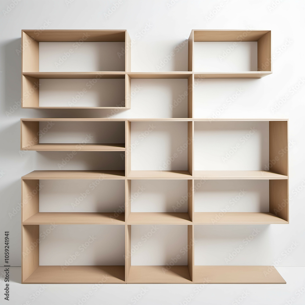 Minimalist Stacked Shelves – Open, stacked shelving units with a smooth finish, creating a modular storage solution, set on a white backdrop. Minimalist Stacked Shelves – Open, stacked shelving units with a smooth finish, creating a modular storage solution, set on a white backdrop.
