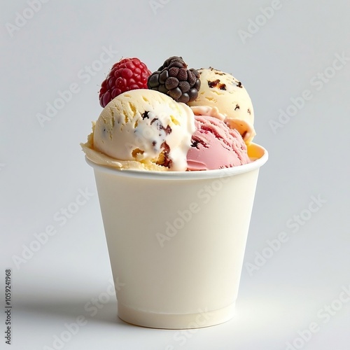 Ice cream in a white paper bowl. Mockup ice cream on white background 