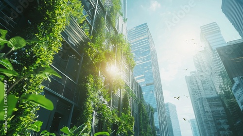 In the background is a minimal urban futuristic architecture with a lot of green plants and grass, many buildings, low carbon, negative space, on a sunny day. A stock photo.