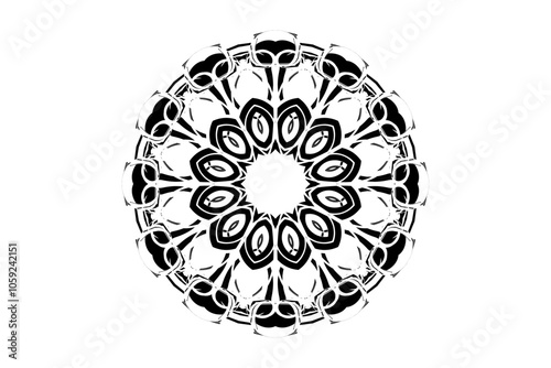 Symmetrical mandala with interconnected lines and petal shapes on a contrasting light background
