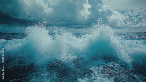 Vibrant ocean waves trail behind a boat near lush green mountains under a cle...