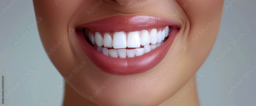 Obraz premium Close Up of White Teeth Smiling With Glossy Lips