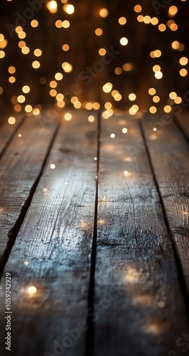 Soft golden bokeh lights glimmering on a wooden surface during a festive even...