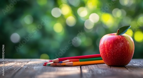Bright red apple next to colorful pencils on a wooden table in a garden setting