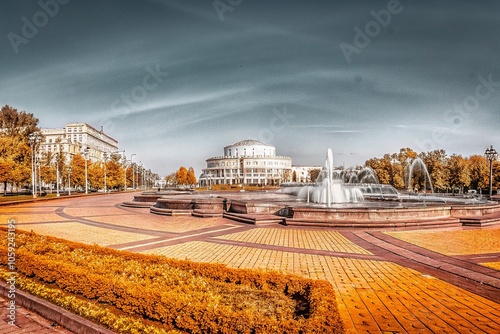 Aerial View of Park and Fountain by Minsk National Opera with Surrounding Architecture photo