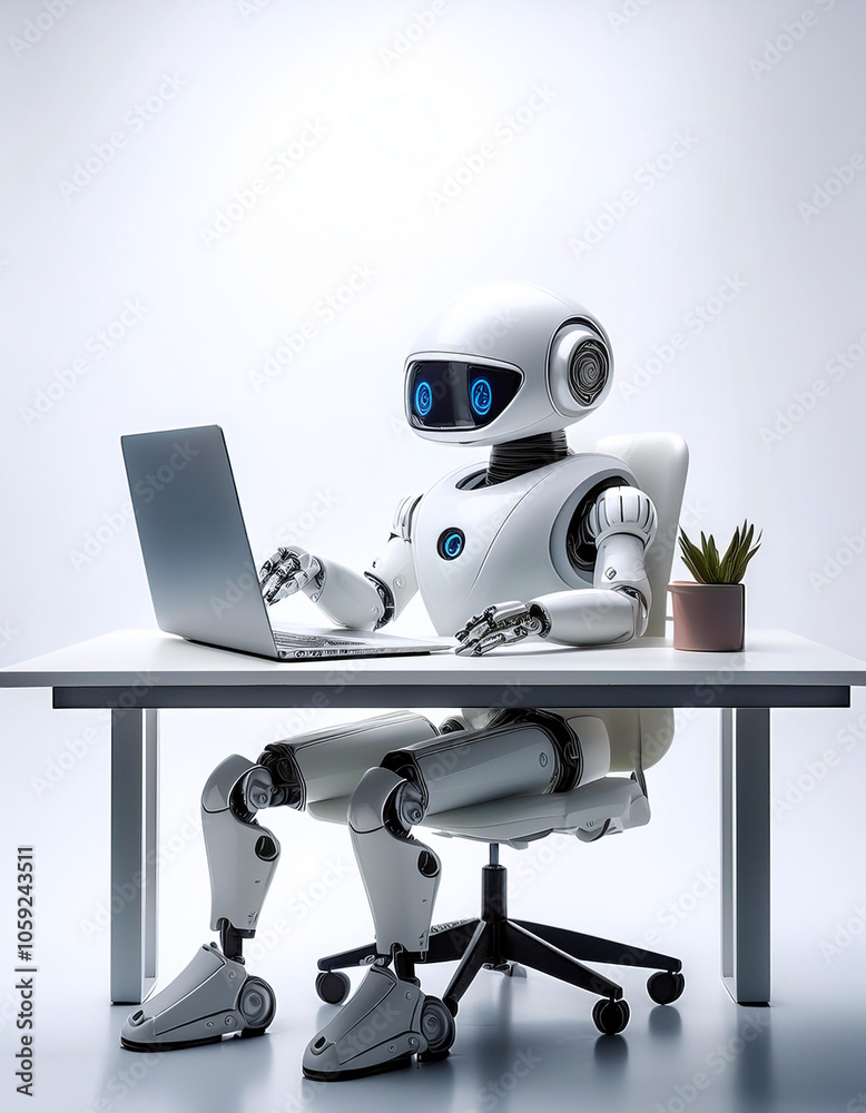 Naklejka premium AI robot holding a laptop floating or flying isolated white background