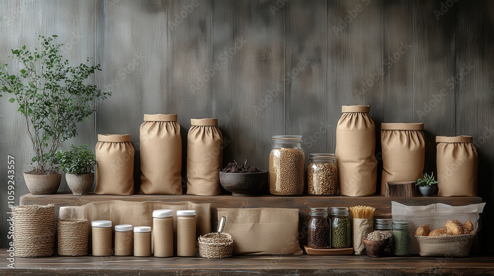 natural background featuring paper bag packages and green plants on a gray wall natural background featuring paper bag packages and green plants on a gray wall