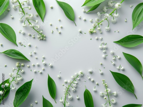 Fresh Lily Of The Valley Flowers And Green Leaves On White Background