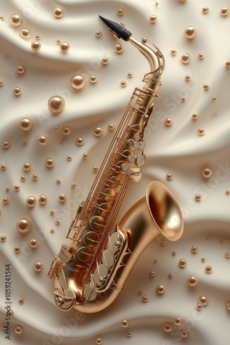 Golden saxophone resting on a textured backdrop with spherical accents