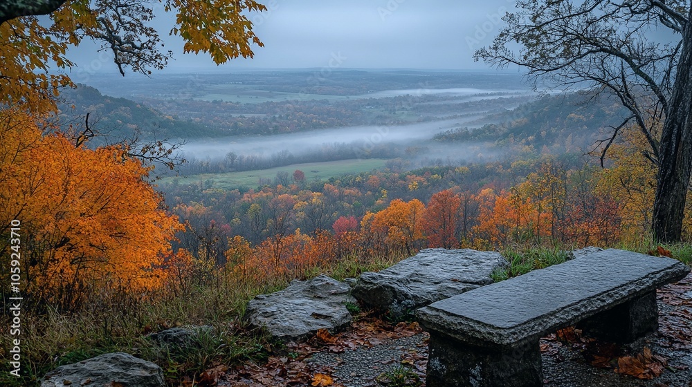 Scenic Overlook View of Valley with Mist and Stone Bench Scenic Overlook View of Valley with Mist and Stone Bench