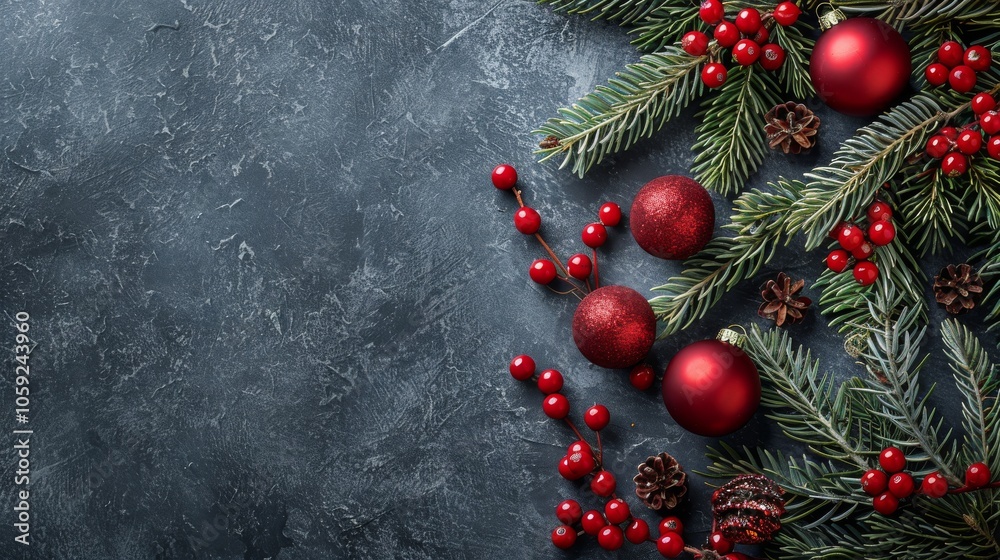 Red Christmas Ornaments and Pine Branches on a Dark Blue Background Red Christmas Ornaments and Pine Branches on a Dark Blue Background