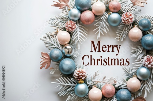 Frosted Christmas Wreath With Blue and Pink Ornaments