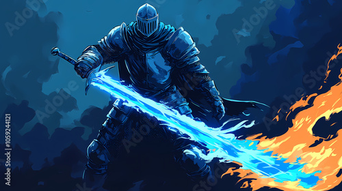 A spectral knight wielding a flaming blue sword. Spectral Knight. Illustration photo