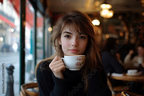 A young French woman with a chic hairstyle, sipping coffee at a Parisian café, natural morning light 3