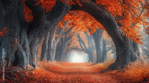 A tranquil autumn path lined with vibrant orange trees in a serene forest set...