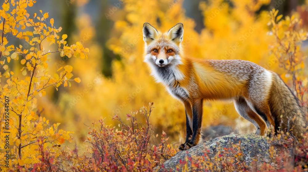 Fototapeta premium A red fox stands in the fall landscape of the Yukon Territory, Canada.