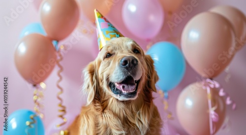 Golden Retriever Dog Wearing Birthday Hat Surrounded By Balloons