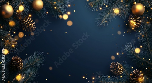 Festive winter decoration with pine branches, golden lights, and decorations ...
