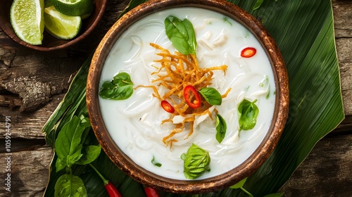 Khao Poun (Cambodian Coconut Noodle Soup) with Fresh Herbs and Crispy Garnish photo