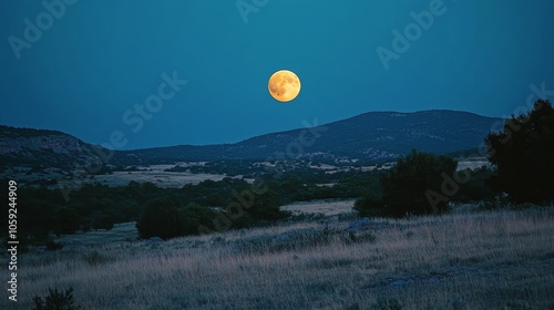 Full moon illuminating a tranquil landscape at dusk in a rural area