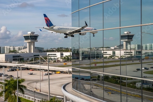 Airplane Landing Reflection at Fort Lauderdale Airport – Macro Photography of Aviation Scene