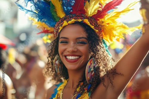 A young Brazilian woman in a colorful carnival costume, dancing in the streets, vibrant festival atmosphere 1