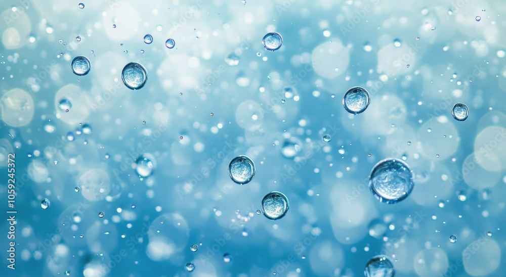 Translucent water droplets create a serene background with shimmering highlights in blue tones