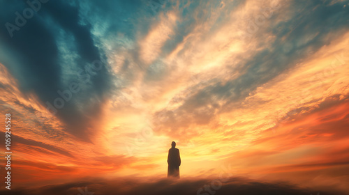 Mystical Landscape of a Figure Pleading to the Heavens in a Colorful Sky