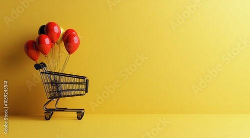 Bright red balloons in a black shopping cart against a yellow background in a...